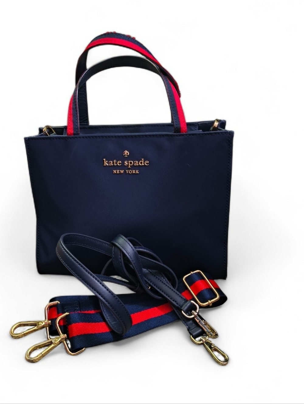 NWOT Kate Spade Navy Blue Canvas Satchel Crossbody Bag Red Trim 2 Straps